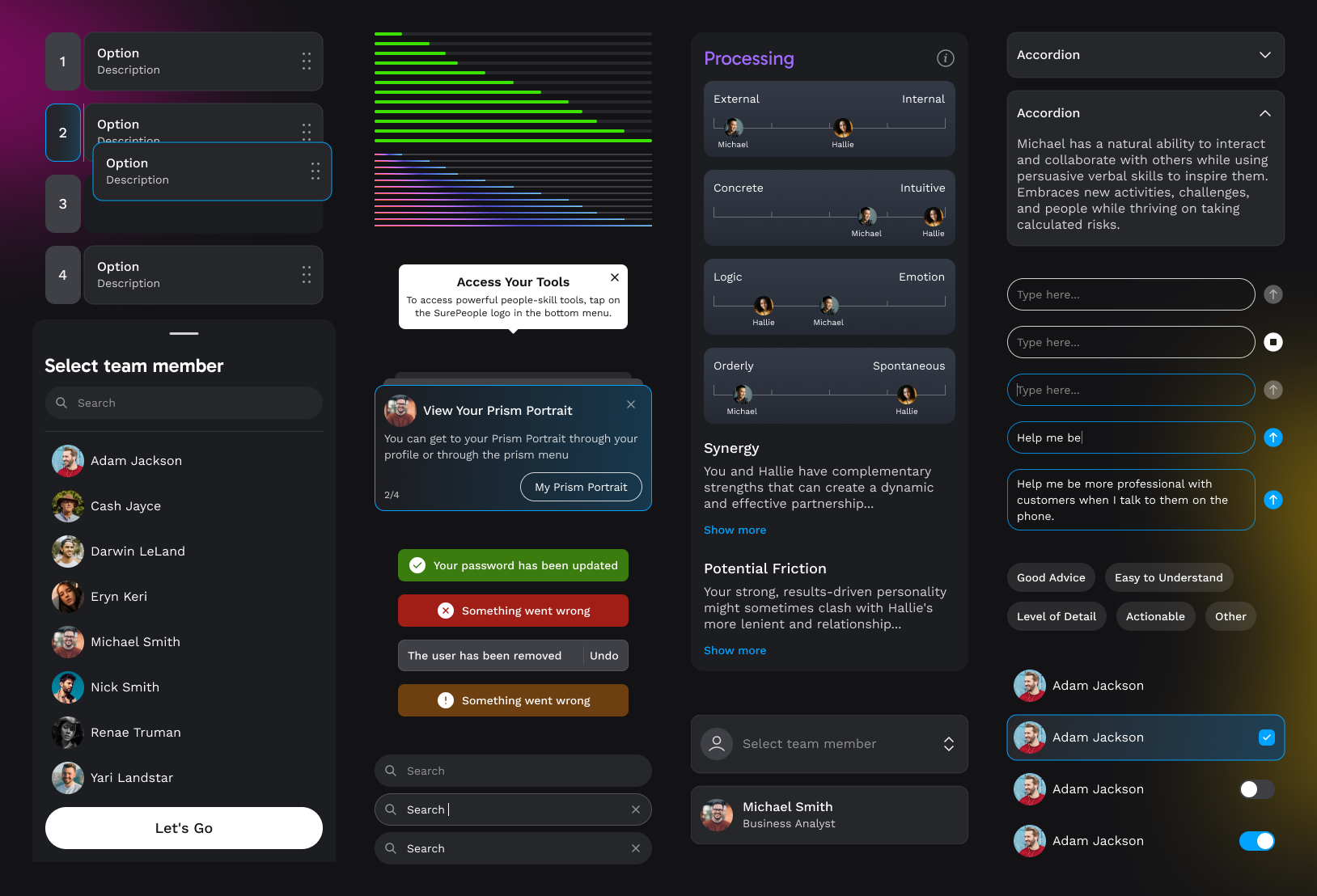 Overview of SurePeople mobile design system interface components, charts, coaching panels, and input states.