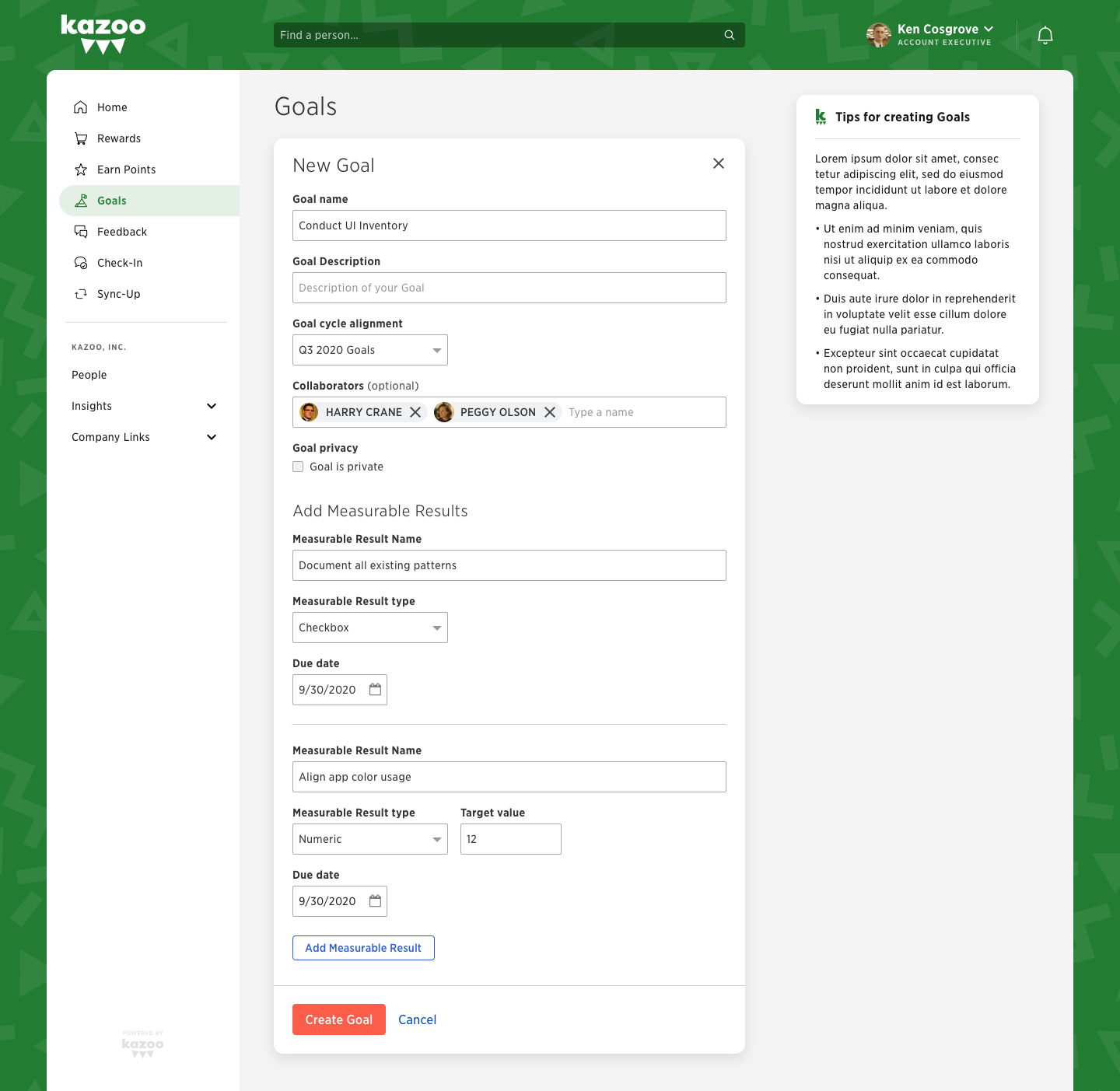 Redesigned Kazoo Create Goal form with grouped fields, measurable results, collaborators, dates, and in-context guidance.