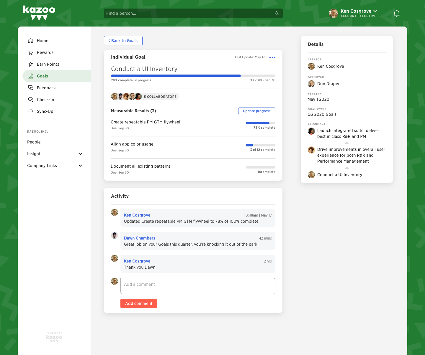 Redesigned Kazoo Goal detail page showing progress, measurable results, collaborators, activity, and creator information in one view.