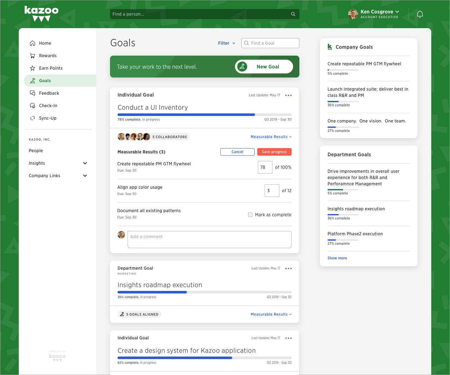 Redesigned Kazoo Goals landing page with one expanded individual goal, measurable results, department goals, and company goals visible together.