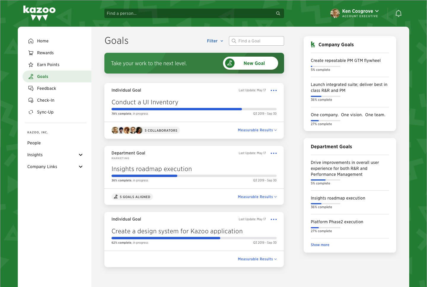 Redesigned Kazoo Goals landing page with individual, department, and company goals organized in cards.