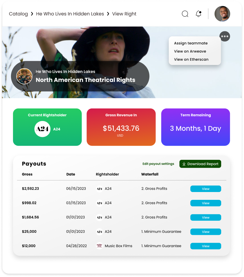 Greenlit onboarding, catalog setup, AI rights table, and user education screens.