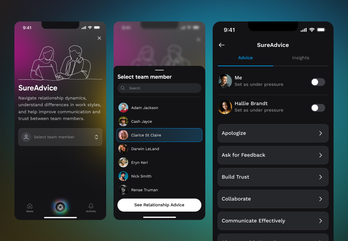 Three SureAdvice mobile screens showing relationship advice, team member selection, and coaching prompts.