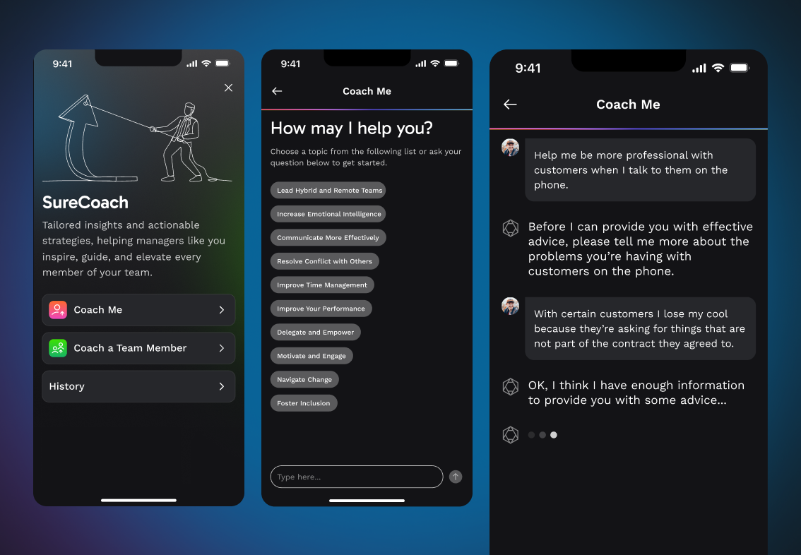 Three SureCoach mobile screens showing coaching entry points, prompt suggestions, and an AI coaching conversation.