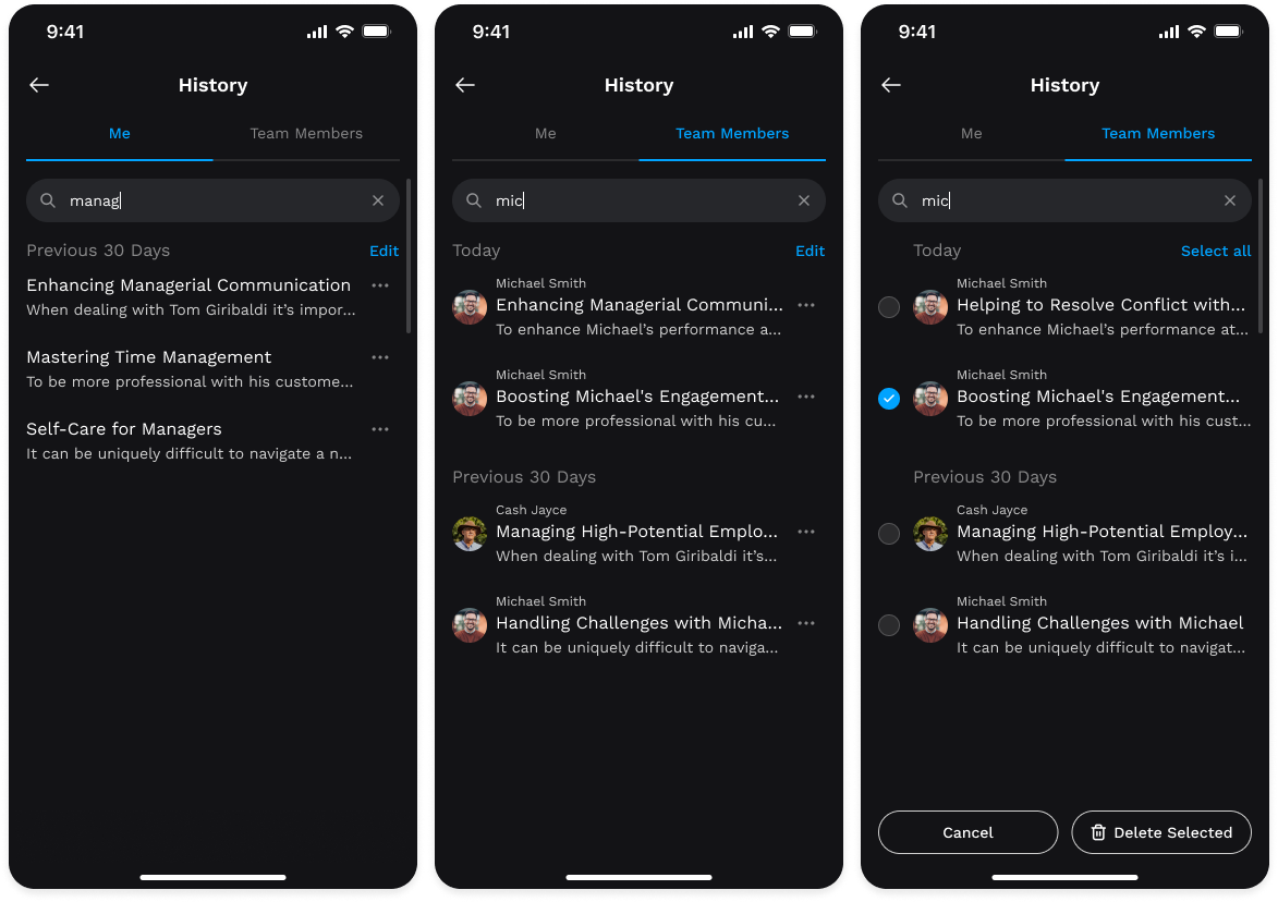 Three SureCoach history screens showing search results, team member filtering, and delete selection states.