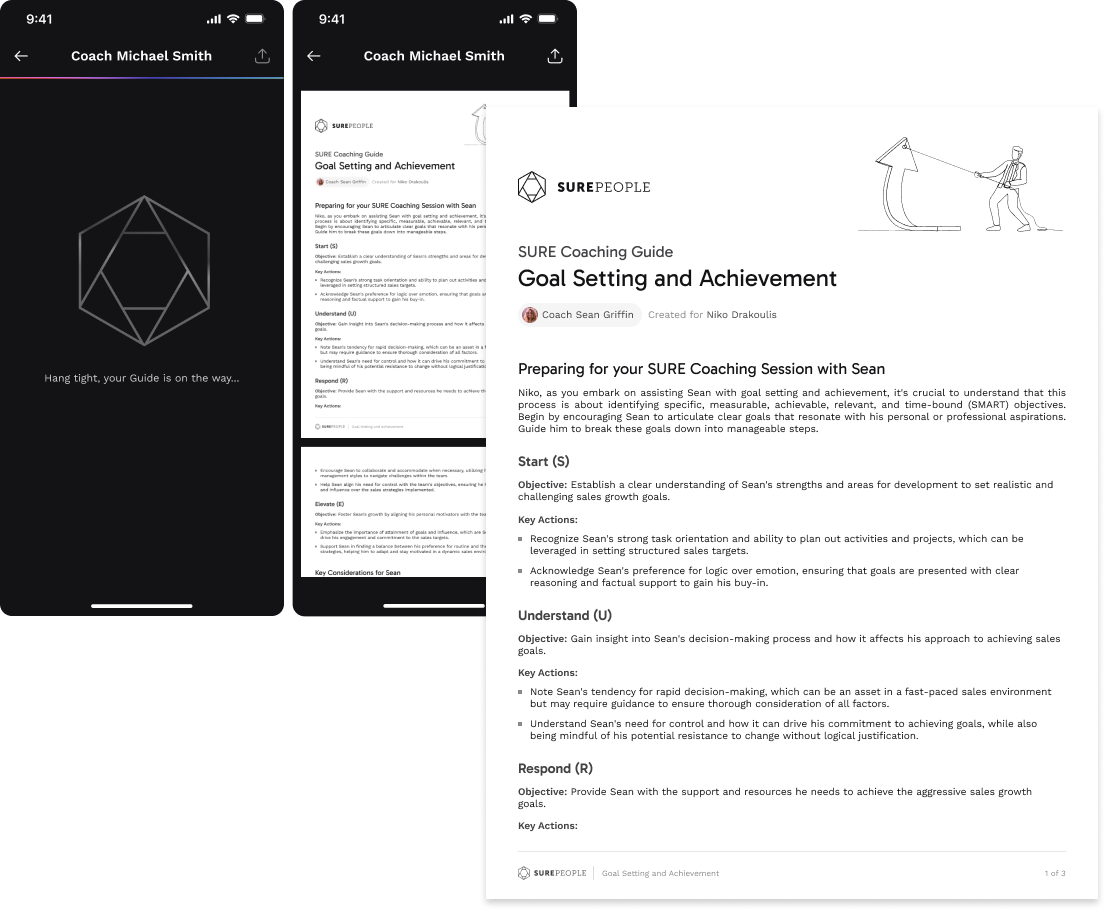 SureCoach mobile screens next to a printable PDF coaching guide for goal setting and achievement.